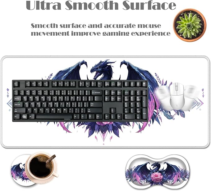 Ergonomic Keyboard Wrist Rest &amp Mouse Pad Wrist Rest SetXL Gaming Desk Mat 31.5x 11.8Non-Slip BaseMemory FoamEasy Typing Pain Relief for Office &amp HomeBlue Dragon with Pink Rose