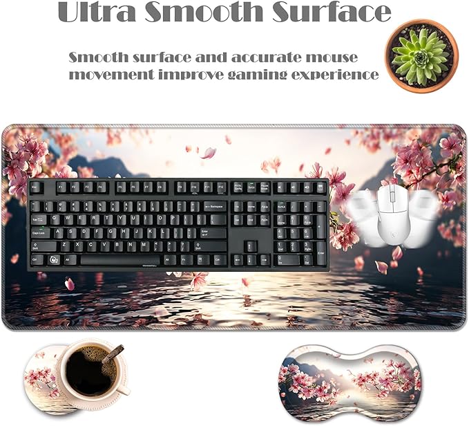 Ergonomic Keyboard Wrist Rest &amp Mouse Pad Wrist Rest SetXL Gaming Desk Mat 31.5x 11.8Non-Slip BaseMemory FoamEasy Typing Pain Relief for Office &amp HomeCherry Blossoms Over Water