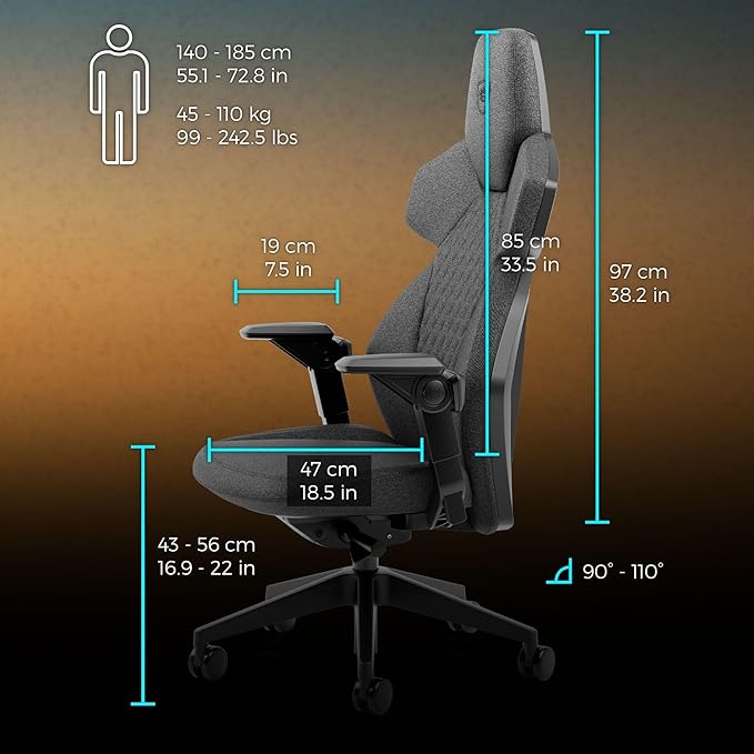 noblechairs Dawn TX Gaming Chair - Granite-Ergonomic Desk Chair with Folding Armrests Synchronous Mechanism Fabric Cover Lumbar Support Universal Wheels