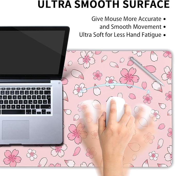 Pink Cherry Blossom Gaming Mouse Pad Extended 3XL Cute Anime Aesthetics Floral Kawaii Flower Large Mousepad Non-Slip Rubber Base Stitched Edge Long Keyboard Desk Mat for Computer47.2x23.6 In120x60cm