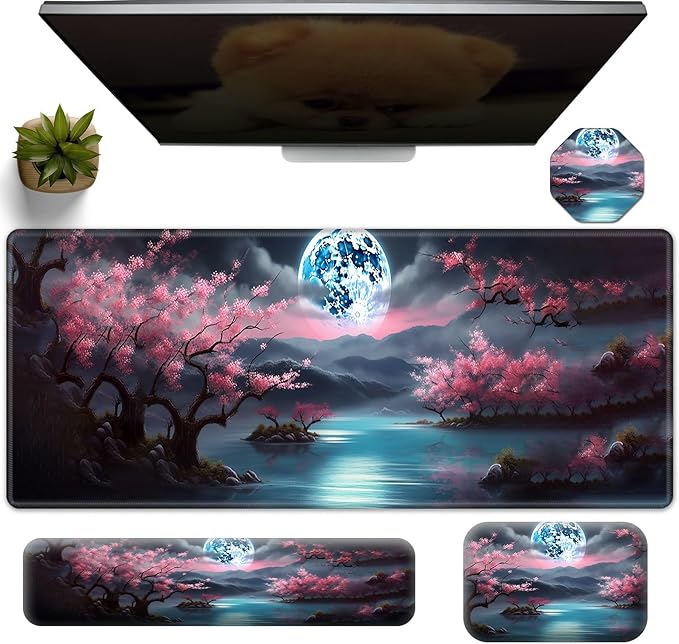 Large Gaming Mouse Pad+Memory Foam Ergonomic Keyboard Wrist Rest Support+Wrist Rest+Coaster Extended Desk Pad Set Stitched Edge Non Slip Desk Mat 4PC for Office &amp Home Moon Cherry Blossom