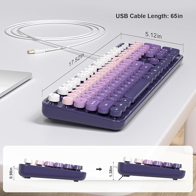 KNOWSQT Wired Computer Keyboard - Purple-Gradient Colorful Retro Full Size Round Keycaps Plug and Play Typewriter Cute Keyboards for Windows Laptop PC Desktop Computer