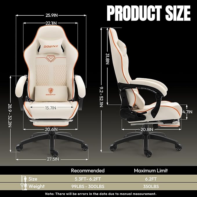 Dowinx Gaming Chair Big and Tall 350LBS Heavy Duty PC Gaming Chair with Massage &amp Footrest Ergonomic Reclining Gamer Chair with Embroidered Esports Design White