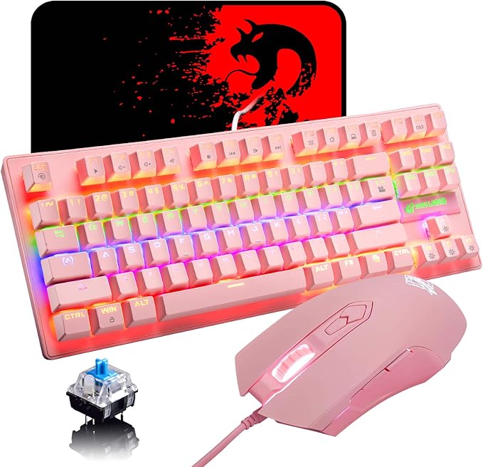 LexonElec K2 Mechanical Gaming KeyboardBlue Switch Mini 82 Keys Wired Rainbow LED Backlit KeyboardLightweight Gaming Mouse 6400DPI Honeycomb Optical for MAC PC Gamers(Pink)