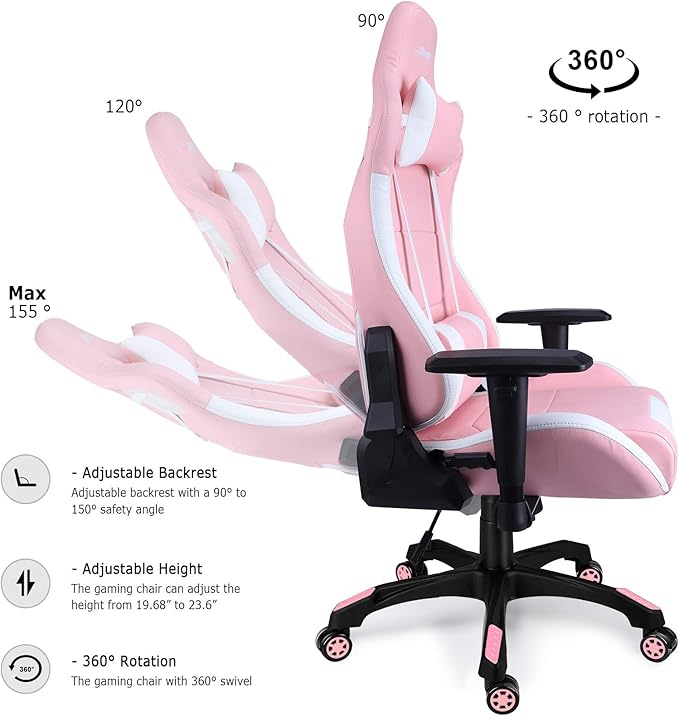 Leopard Gaming Chair High Back PU Leather Office Chair Adjustable Video Gaming Chairs Swivel Racing Chair with Adjustable Armrest (White/Pink)
