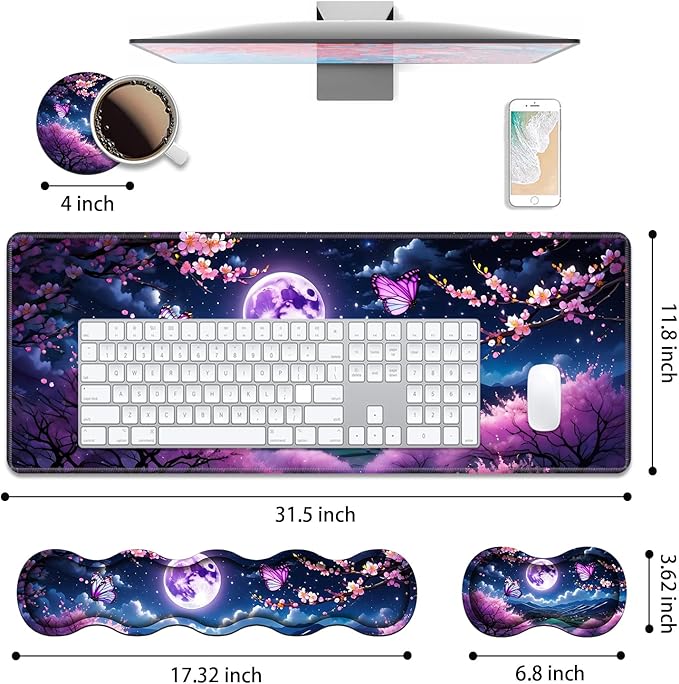 4 in 1 Ergonomic Keyboard Wrist Rest &amp Mouse Pad Wrist Rest Set Large XXL Gaming Desk Mat 31.5x 11.8 with Non-Slip Base Memory Foam for Home Office Study Gaming Moon Cherry Blossom Butterfly