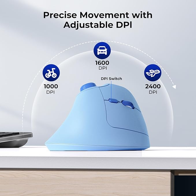 seenda Ergonomic Mouse Wireless MOU-302 Bluetooth Vertical Mouse Rechargeable Optical Mice with 1000/1600/2400 DPI Volume Knob 3 Multi-Device Connectivity for Computer/PC/Laptop/Mac Blue