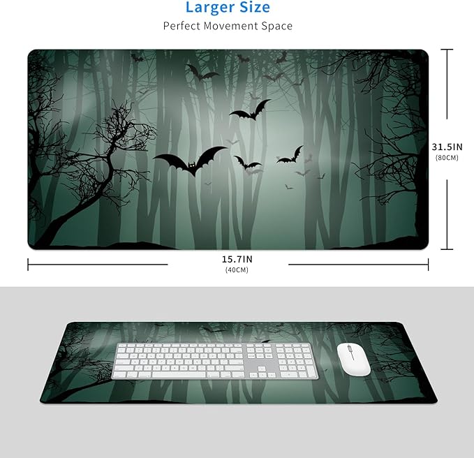 MAYCARI Halloween Cute Bat Mouse Pad Kawaii Cartoon Funny Spirit Extended Desk Mat Non-Slip Rubber Baseb Large Green Mousepad for Desk Gaming Laptop Desktop 31.5X15.7
