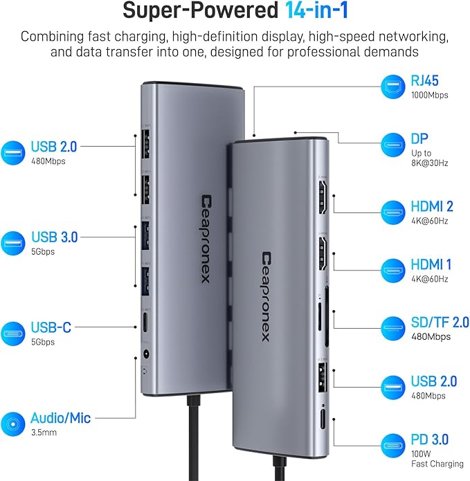 USB C Docking Station 14 in 1 with 2 HDMI 4K + DP 8K 3 Monitors Triple Display for Laptop/MacBook Pro/Air/HP/DELL/Lenovo USB C Hub Dongle Dock with USB 3.0 RJ45100W PD SD/TF Audio/Mic