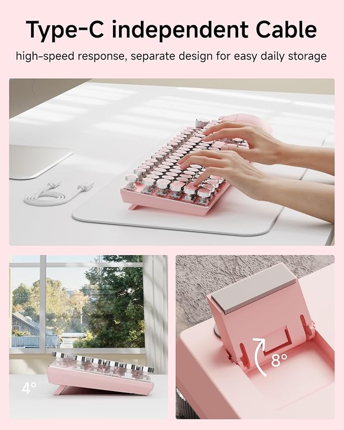EWEADN Typewriter Style Mechanical Keyboard Wired Typewriter Keyboards104 Keys Backlit LED Metal Keyboards Media Control Knob Wired Computer Keyboard White Switch for Windows/Mac/PC-Dark Pink