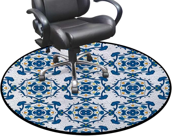 Blue Orange Yellow Gaming Chair Mat Round Floor Mats for Office Chair Computer Gaming Desk Mat for Rolling Chair Non-Slip Gaming Rug Abstract Floral Swirl Motifs Diameter 55 in