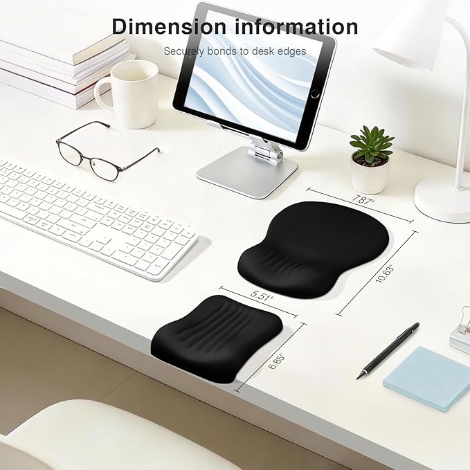 Ospelelf Mouse Pad with Wrist Rest Set Foam L-Shaped Desk Elbow Pad Ergonomic Desk Edge Cushion Anti-Slip Rubber Bottom Office Women Desk Accessories for Computer Laptop and Gaming Black