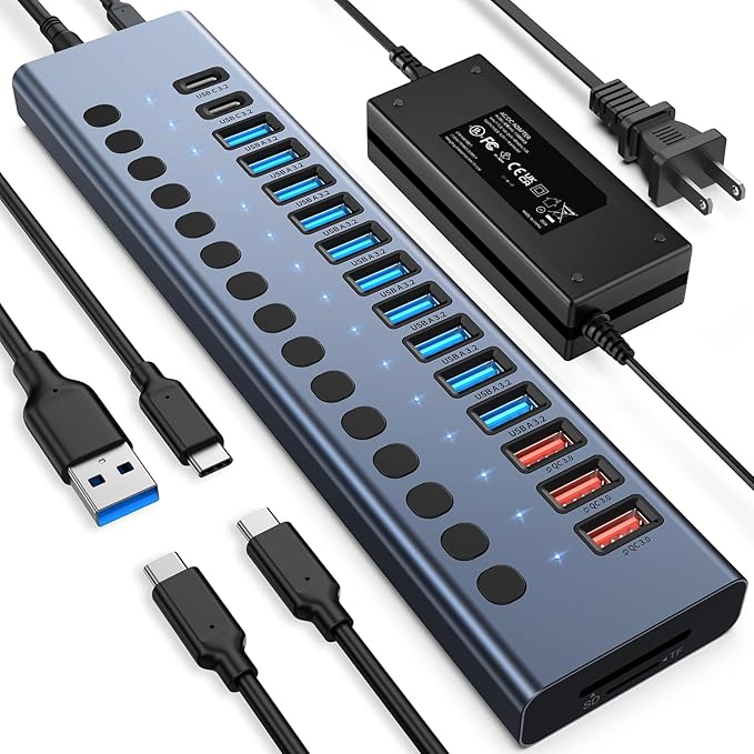 Powered USB Hub 10Gbps 17 Ports 96W USB 3.2 Hub(10 USB-A 3.2 Ports+3 QC 24W Fast Charging Ports+2 USB-C 3.2 Ports+SD/TF Card Reader) 12V/8A Power Adapter for Laptop PC Computer HDDFlash Drive