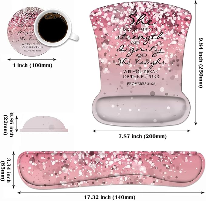 Keyboard Wrist Rest and Mouse Wrist Rest Pad Set with Coasters Ergonomic Support Non-Slip PU Base Easy Typing &amp Relieve Wrist Pain for Home Office Working Studying Pink Bible Verse Proverbs 31