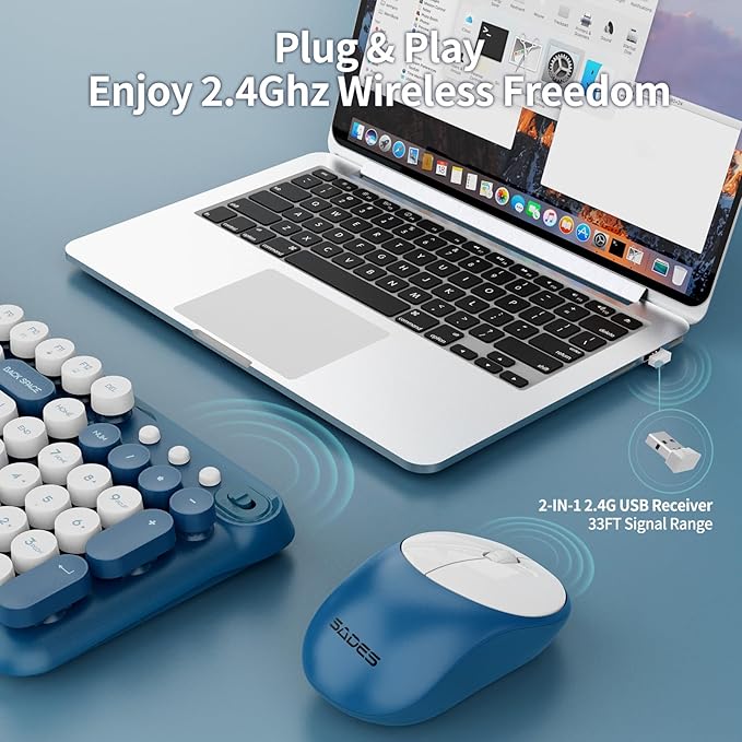 Wireless Keyboard and MouseCute Retro Typewriter Computer Keyboard and Mouse SetsFull SIze 2.4G Cordless Colorful Round Keycaps Keyboard with Silent Mouse for PC Window Laptop Home Office-White Blue