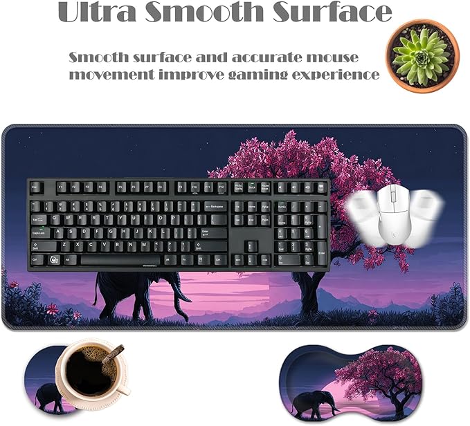 Ergonomic Keyboard Wrist Rest &amp Mouse Pad Wrist Rest SetXL Gaming Desk Mat 31.5x 11.8Non-Slip BaseMemory FoamEasy Typing Pain Relief for Office &amp HomeBlack Elephant Pink Tree
