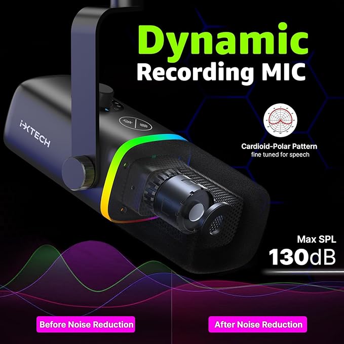 IXTECH Gaming USB Microphone for PC Noise Cancellation Condenser Mic for Podcasts and Video Streaming with Tripod Stand Pop Filter Shock Mount Gain Control RGB Lights Quiet Mute Button (Black)