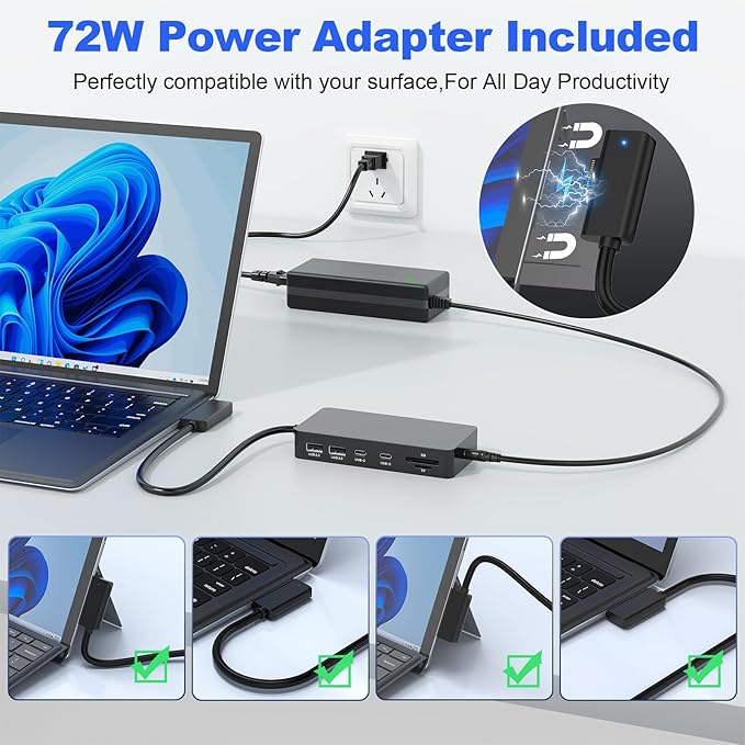 Surface Docking Station with Power Adapter 11-in-1 Surface Dock Dual Monitor 4K HDMI &amp VGA Ethernet USB Hub SD/TF Card Reader for Surface Pro/Laptop/Book (HDMI + VGA)