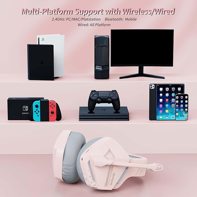 BINNUNE 2.4GHz Wireless Gaming Headset Bluetooth 5.3 Gaming Headphones with Noise Canceling Mic 120H Ultra-Long Battery 50mm Drivers Multi-Platform for PC / PS5 /PS4/ Switch/Mobile Pink