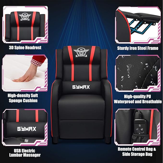 POWERSTONE Gaming Recliner Chair Reclining Gaming Chairs for Adults Ergonomic Leather Sofa with Footrest Lumbar Support Headrest and Side Pouch for Living Room Home Theater Red