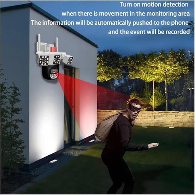 Outdoor Surveillance Camera 360 Ptz Tri-Lens Home Alarm Telecamera WiFi Color Night Vision Webcam Waterproof Panoramic Camera(64G TF Card)