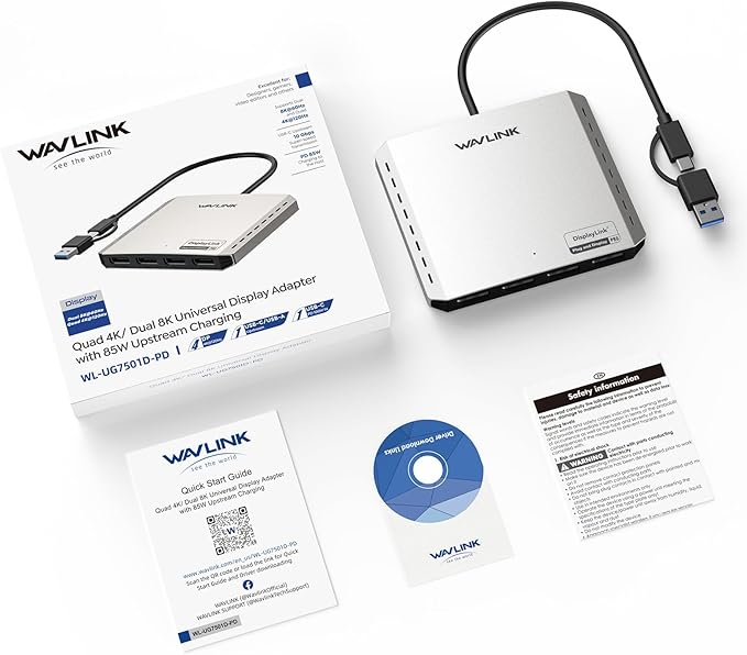 WAVLINK USB 3.0 or USB C to Quad Displayport Splitter Extended Display for Four Monitor with 85W PD Displaylink Adapter 4 DP 4K@120Hz for Apple Mac M1/M2/M3/M4 or Windows 10/11 USB A/C to DP 4K