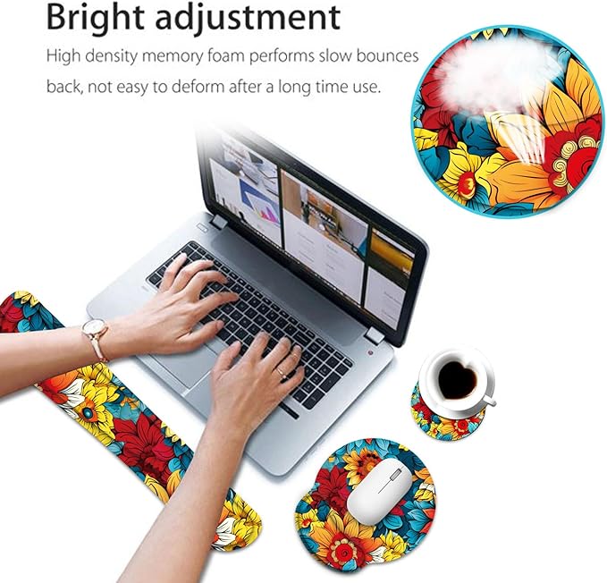 Keyboard Wrist Rest and Mouse Pad Wrist Support Set with CoasterErgonomic Mouse PadComfortable for Easy Typing Pain ReliefMemory Foam Keyboard Pad Set for Laptop MacColorful Petals