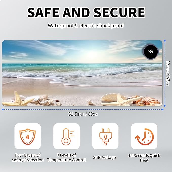 Heated Mouse Pad Hand Warmer Warm Desk Pad Mousepad Desk Mat with 3 Levels Heating and Auto Shut Down 31.5 x 13 inch PU Leather Warmer Keyboard Mat for Gaming Laptop Office Home Starfish Beach