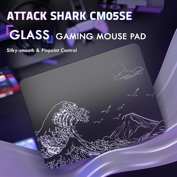 ATTACK SHARK CM05SE Glass Gaming Mouse Pad for FPS &amp Esports Nano-Etched Tempered Glass SurfaceUltra-Smooth Low Friction Hard MousepadWaterproof Large Desk Mouse Mat for PC SetupWhite Wave