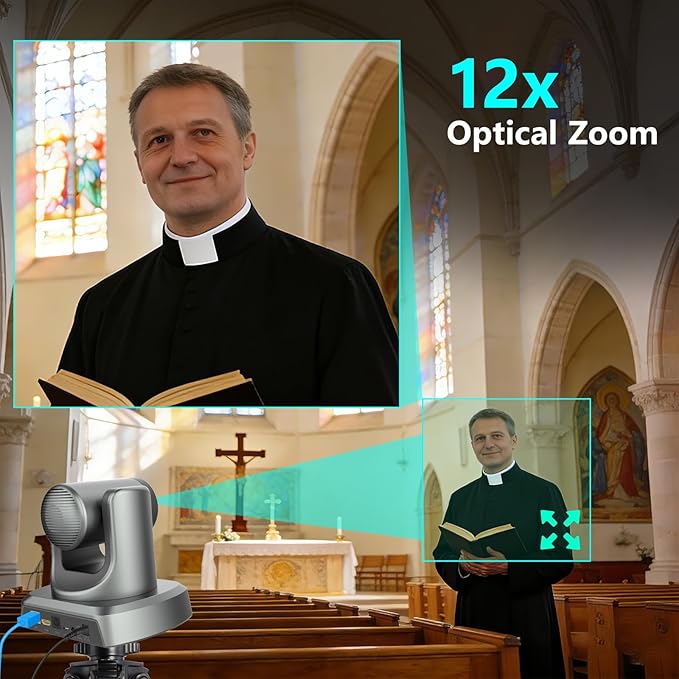 4K NDI PTZ Camera AI Voice Tracking NDI® HX2 12x Optical Zoom Conference Camera System Gesture Control Built-in 4 Mics Auto Framing HDMI/LAN/USB 4K Webcam for Church Conference Livestream