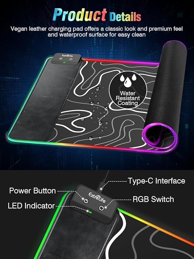 Wireless Charging RGB Gaming Mouse Pad 31.5x15.7 XXL Large Desk Mat Desk Pad for Gamer 9 Light Modes Non-Slip Rubber Base Waterproof Computer Keyboard Mat Black