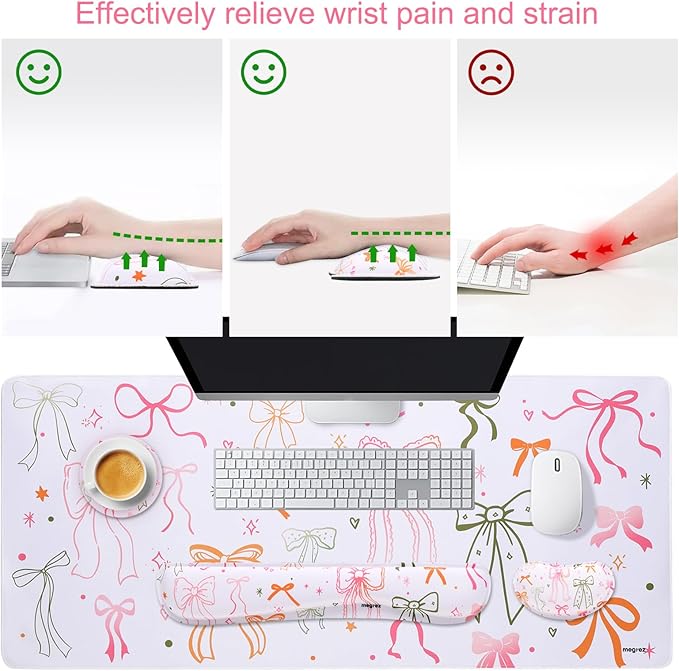 MEGREZ 4-in-1 Ergonomic Memory Foam Wrist Rest Set Desk Pad Mouse Pad with Wrist Rest Keyboard Pad Suitable for Office Workers Programmers &amp Gamers–Relieve Typing &amp Gaming Fatigue Bow