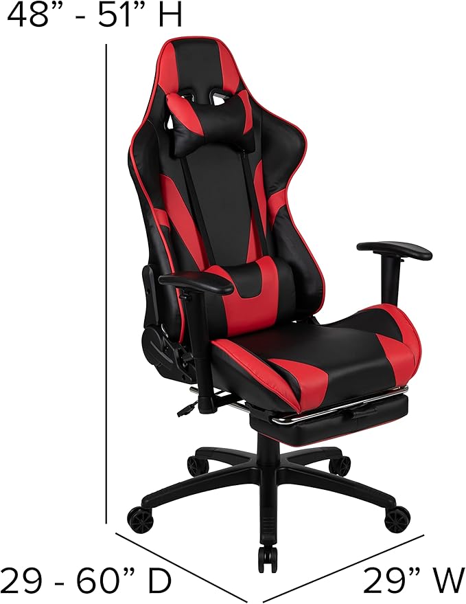 BizChair Black Gaming Desk and Red/Black Footrest Reclining Gaming Chair Set with Cup Holder Headphone Hook &amp 2 Wire Management Holes