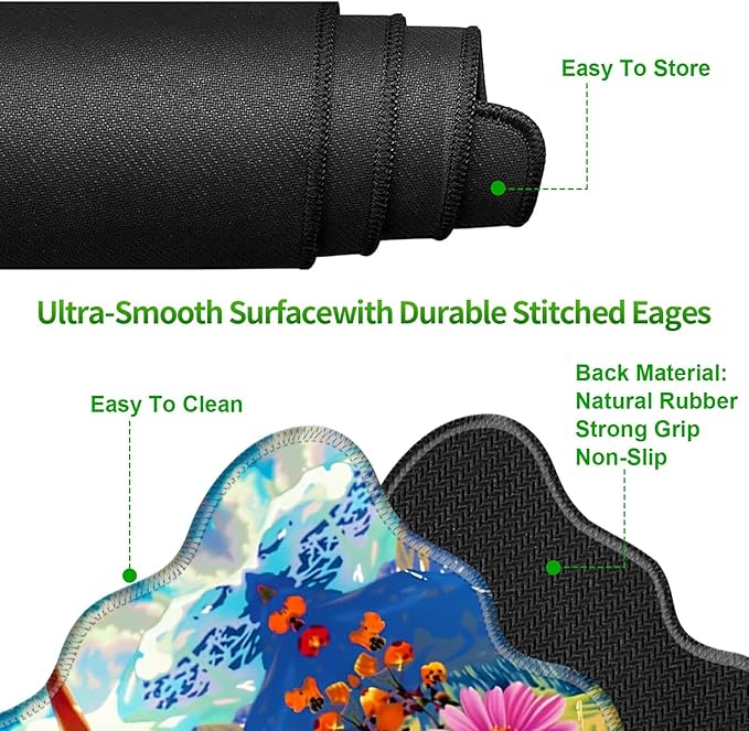 3-Piece Ergonomic Desk Mat &amp Cloud Wrist Rest Set Large 31.5 x 11.8 Wave Office Desk Pad with Memory Foam Support Non-Slip Computer Protector for Home Gaming Mountain Flower Cow