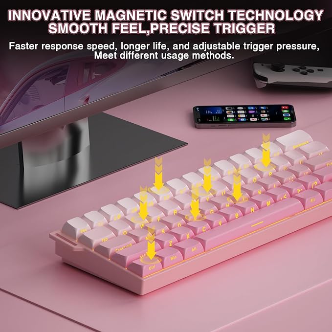 Aula MINI60 HE PRO - 60% Mechanical Gaming Keyboard Wireless Hall Effect Magnetic Switch Hot Swappable Adjustable Actuation Rapid Trigger Mode 8000 Hz Polling Rate 60 Percent Compact Design Pink