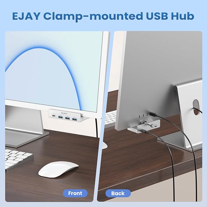 EJAY Mountable 4Ports USB3.0 HUB Alu Desktop Clamp Type C USB3.0 Splitter for Desk/Monitors with Extra Power Supply Port59inches Data &amp 39inches Power Cables-5Gbps (BJ-3A1C-SV)