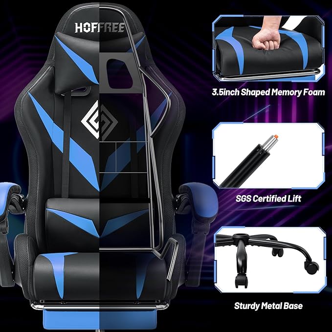 HOFFREE Gaming Chair with LED RGB Lights Massage Video Gamer Chairs with Footrest Ergonomic High Back Reclining Computer Chair with Adjustable Lumbar Support Blue and Black