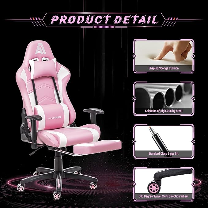 AA Products Gaming Chair Ergonomic High Back Computer Racing Chair Adjustable Office Chair with Footrest Lumbar Support Swivel Chair - WhitePink