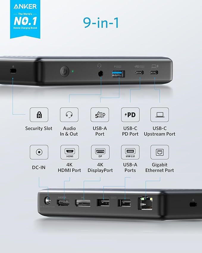 Anker USB C Docking Station PowerExpand 9-in-1 USB-C PD Dock 60W Charging for Laptop 20W Power Delivery Charging 4K HDMI and DisplayPort USB3.0&ampUSB2.0 Data Gigabit Ethernet 3.5 mm Audio