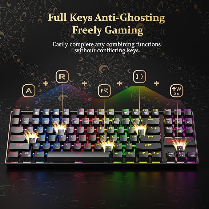 Redragon K552P Mechanical Gaming Keyboard TKL with 18 Backlight Modes Hot-Swappable Red Switches 87-Key Compact Ergonomic Design N-Key Rollover &amp Software Programmable Macro - RGB Black