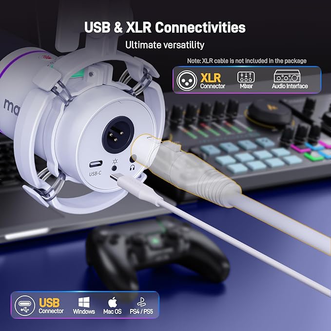 MAONO XLR/USB Dynamic Microphone Kit RGB Podcast Mic with Software Mute Gain Knob Volume Control Boom Arm for Streaming Gaming Voice-Over Recording-PD200XS White