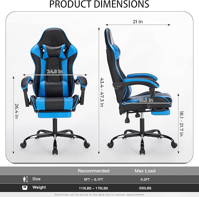 Gaming Chair with Footrest Ergonomic Computer Seating Massage Lumbar Support Height Adjustable PU Leather Reclining Video Game Chairs for Adults Office (Black+Blue)