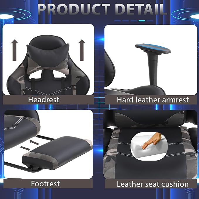 PayLessHere Racing Gaming Chair Office Massage Chair Ergonomic Recliner with Computer Desk PU Leather Lumbar Support Footrest Rolling Swivel and Task Function Ultimate Comfort for Adults (Camo)