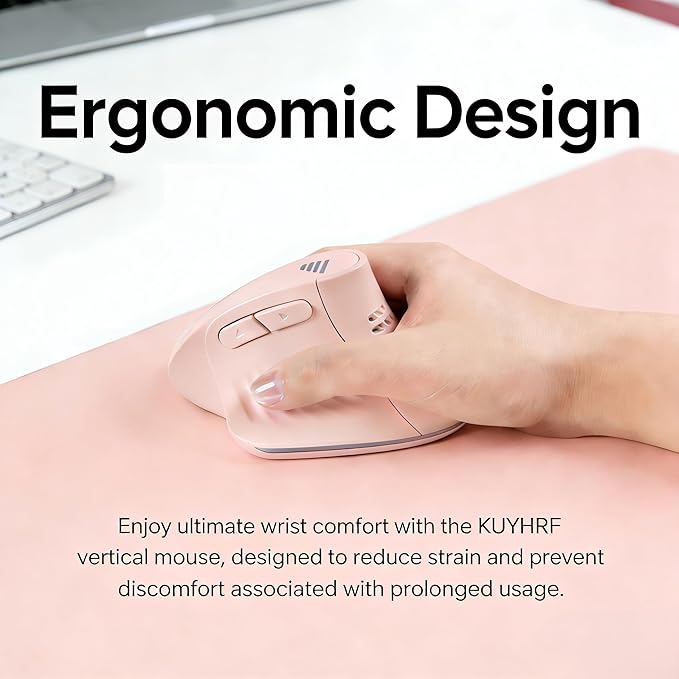 Bluetooth Wireless Dual-Mode Vertical Mouse - Silent Click Ergonomic Comfort for Office &amp Home Use Rechargeable with LED Breathing Light Compatible with Multiple Devices (Pink)