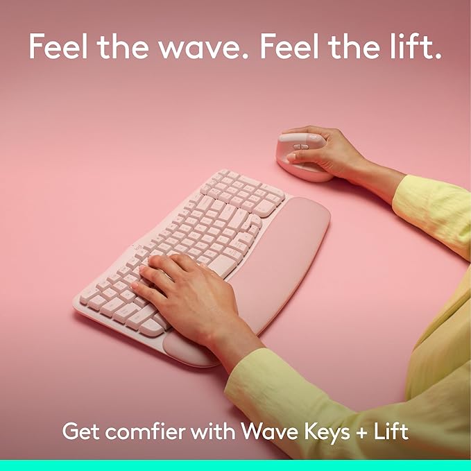 Logitech Wave Keys &amp Lift Vertical Mouse - Ergonomic Wireless Keyboard and Mouse Combo - with Cushioned Palm Rest Easy-Switch Bluetooth for Multi-OS Windows/Mac - Rose