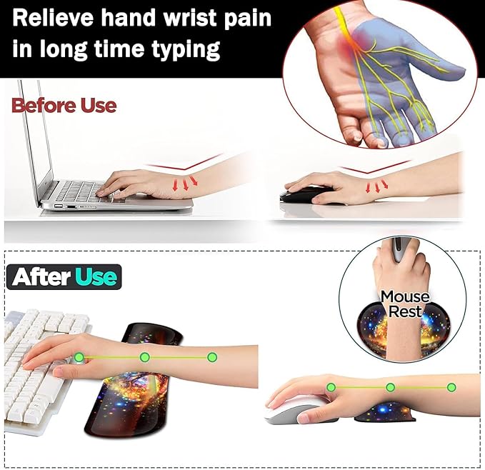 Large Gaming Mouse Pad+ Keyboard Wrist Rest Set Ergonomics Memory Foam Mouse Mat Wrist Rest Support for Home Office Waterproof Extended Mousepad 31.5x11.8in Colorful Tree of Life Desk Pad