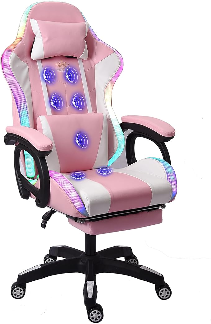 Ergonomic Professional Gaming Chair Gaming Chair with Massage Speaker LED Light and Footrest Comfortable Computer Recline with Headrest and Lumbar Support.Pink