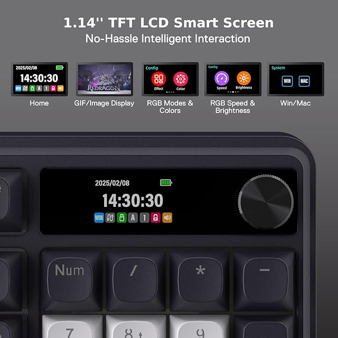 Redragon K762 Wireless Gasket Gaming Keyboard w/Hype Screen &amp Knob 104 Keys Mechanical Keyboard Easy-Control 1.14’’ TFT Info Display 5-Layer Noise Dampening Round PBT Keycaps Mint Mambo Switc