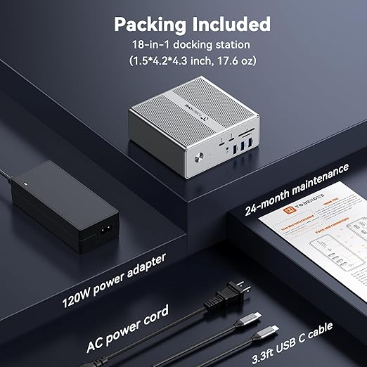 TobenONE DisplayLink Docking Station 4 Monitor with 4 HDMI 18-in-1 Quad/Triple 4K@60Hz Display Dock with 120W Power Supply for Thunderbolt 5/4/3 USB4 USB-C Windows MacBook(8 USB Ethernet etc)