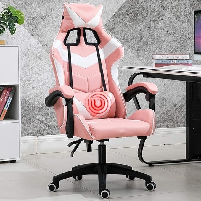 Ergonomic E-Sports Gaming Chair with Massage Lumbar Support Adjustable Height Retractable Footrest USB Massage Pillow(Pink White)